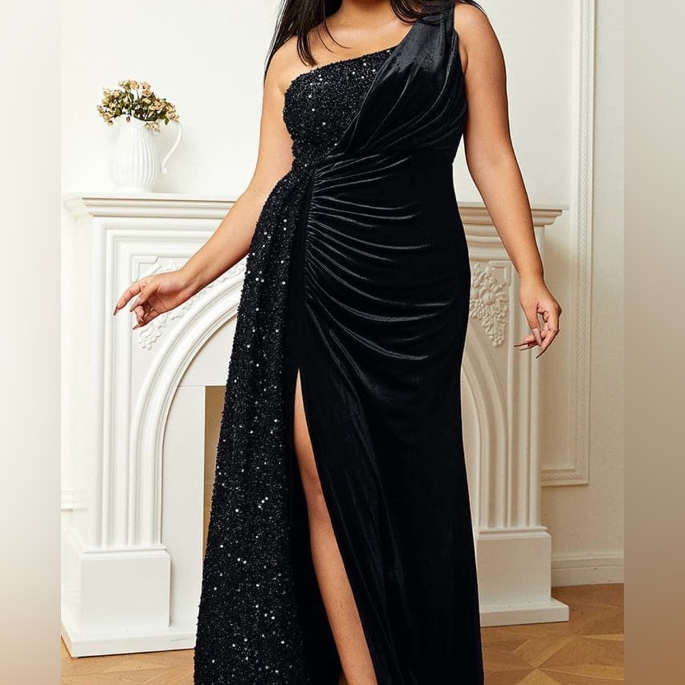 One Shoulder Draped Velvet Sequin Formal Black Dress